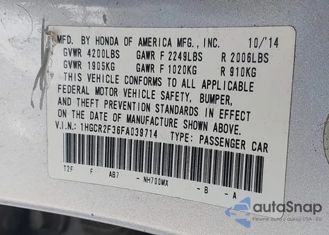 2015 Honda Accord Lx из США, поврежденный, VIN 1HGCR2F36FA039714